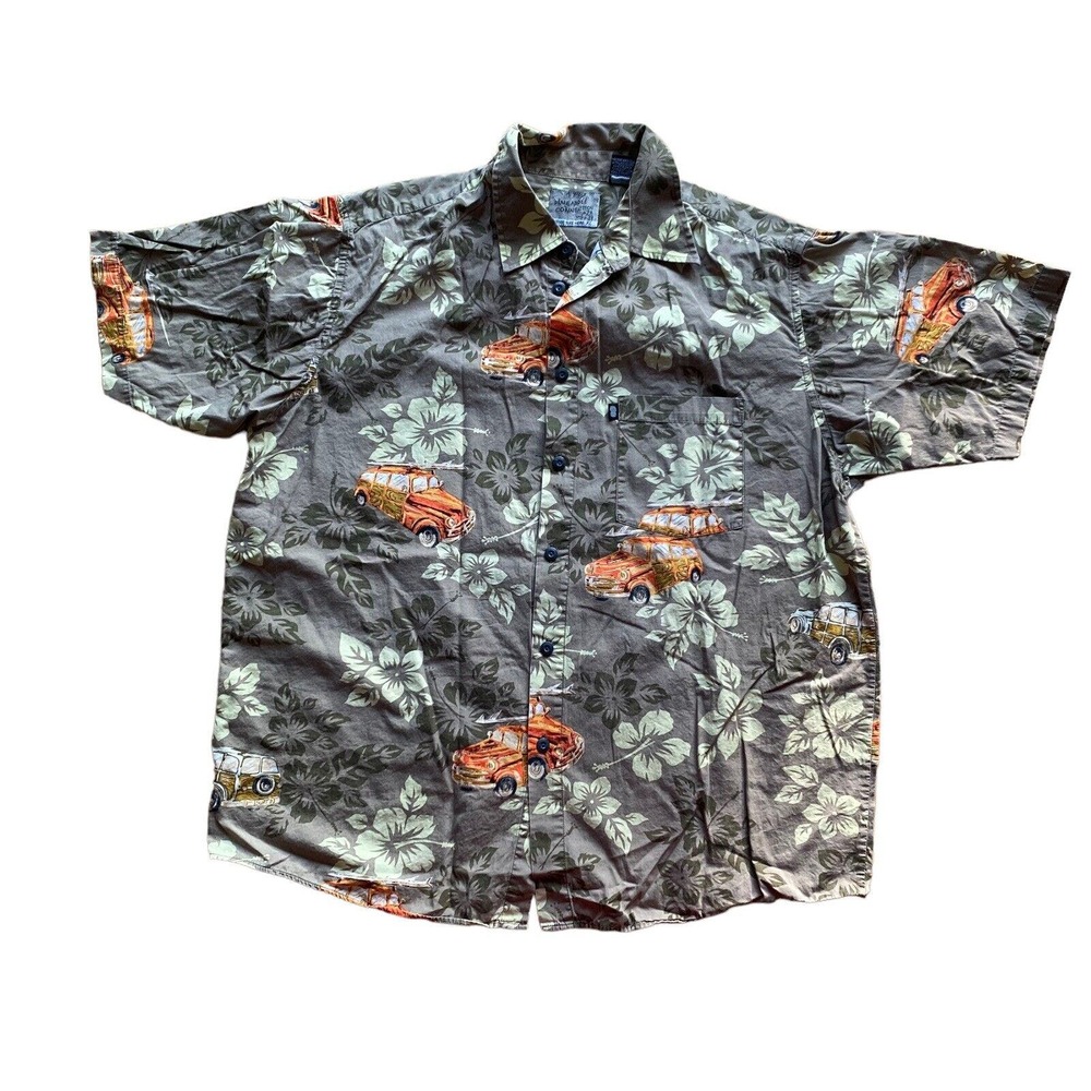 Pineapple Connection Mens XL Hawaiian Shirt Brown Orange Car Wood Panels